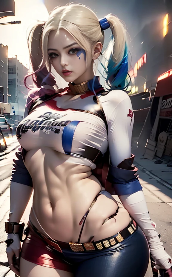 Harley Quinn, face paint, beautiful face, young girl face, bluish grey eyes, slim teens athletic body, toned abs, small breasts A cup, toned thighs, cameltoe, big round ass, Harley Quinn outfit, head to toe, circus show in background, cartoon art style 