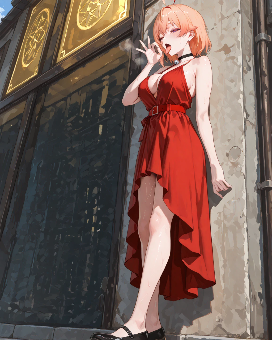(masterpiece, best quality), intricate details, 1girl, 1girl in, age19, Solo, Long hair, Colossal, Looking at Viewer, blond hair, Alexis Texas (standing full body toe to head by wooden pole:1.2) iron collar, arms behind back, iron cuffs, shackles, bound, bondage outfit, harness, o-ring, bondage outfit blindfolded cover eyes, happy red cheeks, chain leash collar choker neck bell shackles wristbands bracers bracelets, cleave gag, sad face, red cheeks, cryings tears, painful (she was sold and betrayed by her own family)