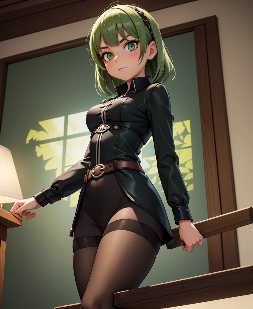 1girl, anime, female, Elf Ears, Silver Eyes, (Dark Green Hair), flipped up skirt, panties exposed, (crotchless panties), fishnet leggings, string crop top, raised skirt