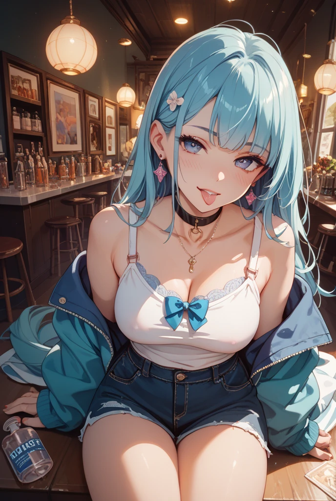 Anime Moe Art Style,Highest quality,High resolution,Anatomically correct,One Girl,Mid-s,A girl with light blue hair in a ponytail,Super detailed,Fantasy World,Sleeveless blouse,mini skirt,Big Breasts,Shiny skin,Beautiful Skin,A rich expression,Laughing with your mouth open,Coffee shop,Waitress Uniform,Serving,Eyes drawn in detail,hair ornaments,necklace,bracelet,ring,8K
