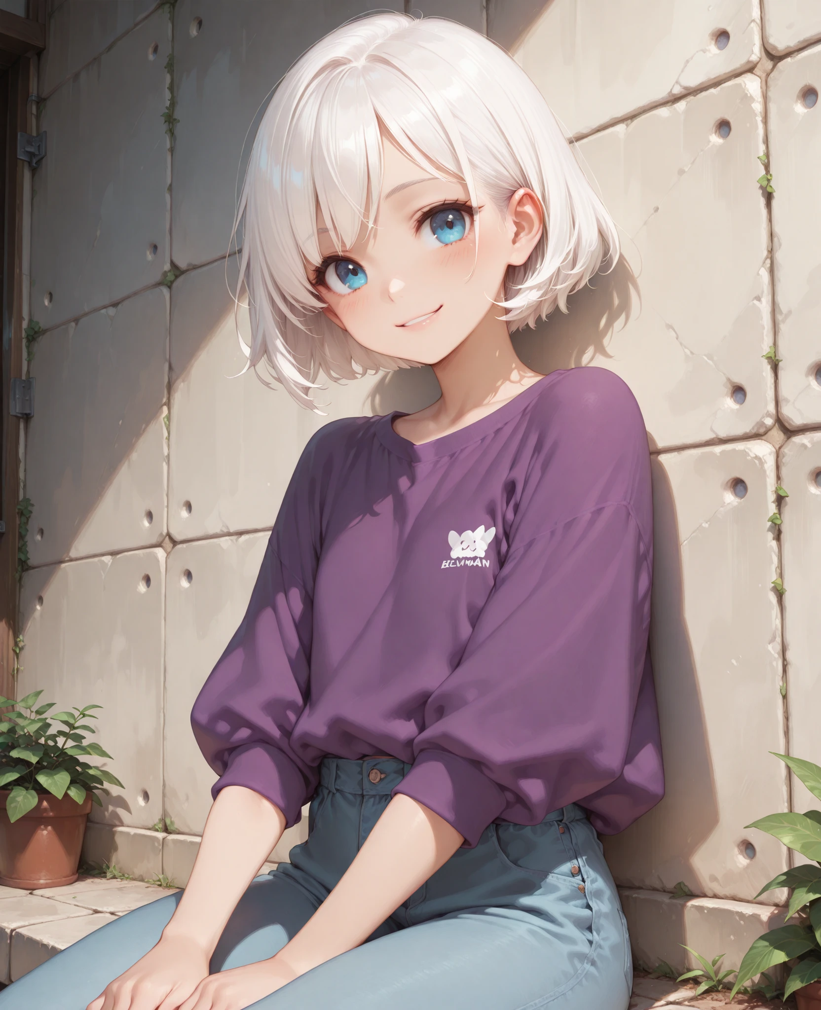 1girl, young woman, beautiful woman, 4K,masterpiece,SFW,girl,blue eyes,white hair,short hair, smiling, light blush, sitting on small wall, loose fit, purple shirt, pants