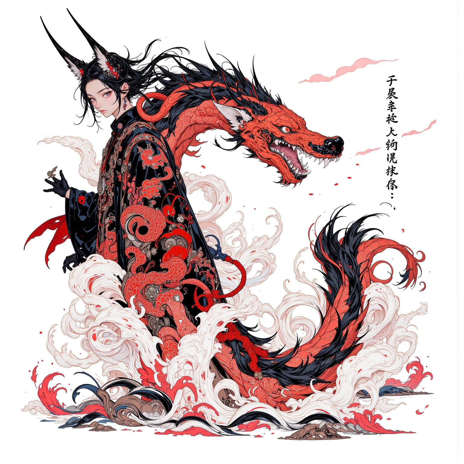 A hybrid teenage chinese dragon boy, medium and slim body, turquoise scales, thin arms, short messy dark turquoise hair, a horn on the forehead, small pointed ears with traditional red earrings, pale rainbow colored eyes, playful and serious gaze, sharp claws, wearing traditional japanese style white and turquoise clothes with red patterns, long chinese dragon tail with turquoise patterns