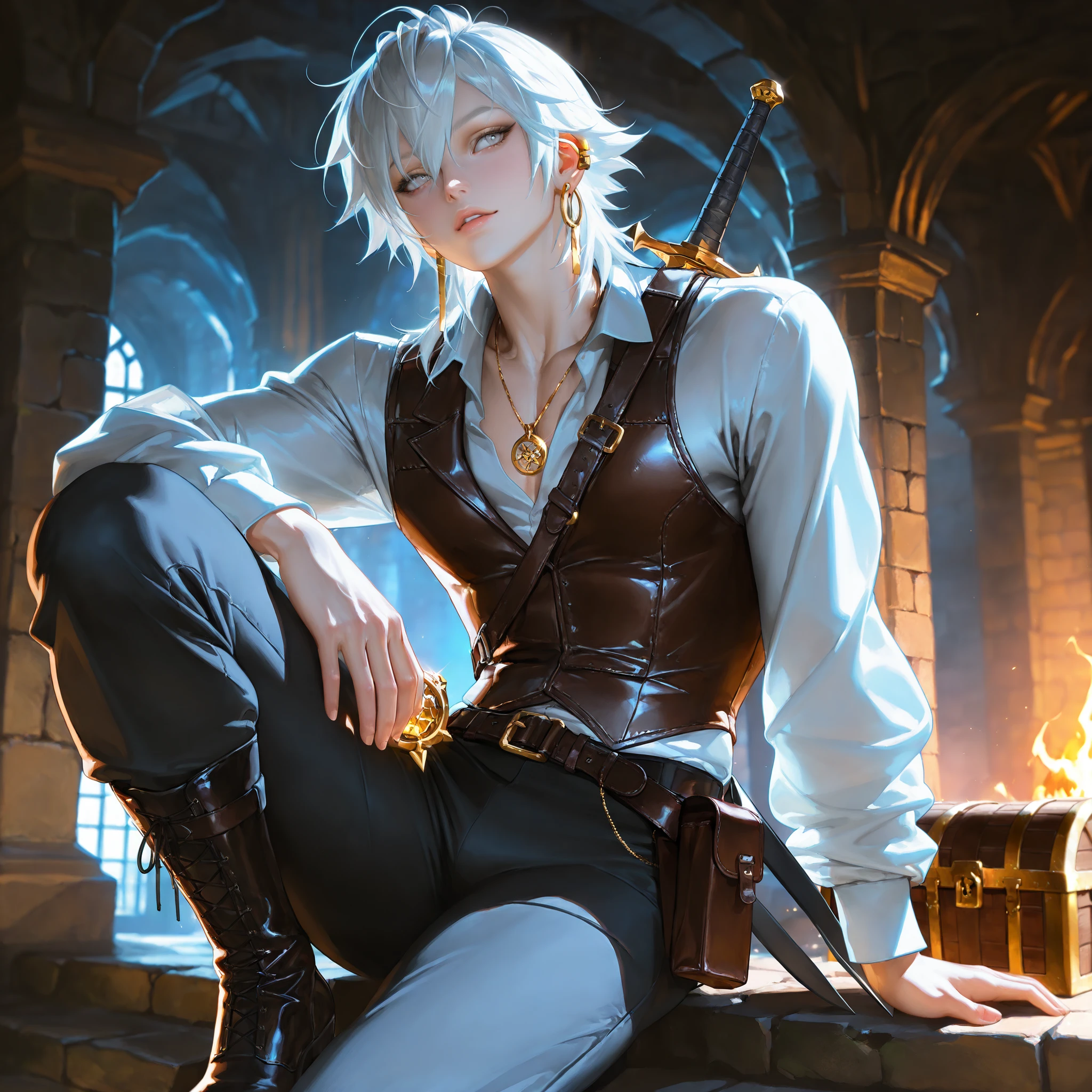 (tangobat:0.7),(Sakimichan:0.7),(High CT quality,4k,High resolution,main piece:2.3),(Very detailed,Realistic:1.37,Best quality,masterpiece, high resolution,on_body), (Tyndall effect,photorealistic, Edge lighting, Two-color lighting),(high definition skin:2.3), (8K UHD, DSLR quality, soft lighting, high quality, surround lighting, sincere, de 8K , 4K, 8K.) (young male/ boy character)
The young guy is an adventurer. He has pale white skintone. he has ash-gray short fluffy hair. he has ivory eyes. He has a skinny male physique. He is a professional thief,a cheater,a scammer, a burglar, a trickster. he dressed in his classic outfit:: a loose-fitting shirt with long sleeves,short leather vest, trousers,hip-high boots, a belt with a pouch and a shoulder strap with scabbard for his dagger-blades. He has a pendant around his neck and a gold earring in his ear. He always carries equipment with him: stilettos, scalpels. In the background: a medieval fantasy world , old dungeon maze, it's stone walls are covered with moss and illuminated by torches. ruins. there is open treasure chest with ancient gold.