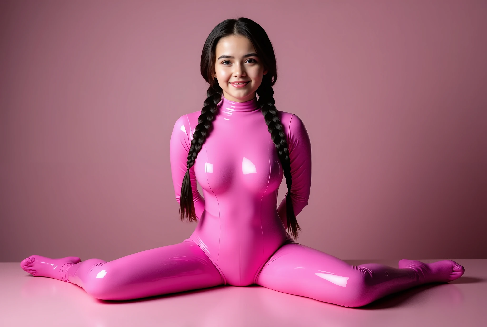 Young girl sitting on a table, her legs are spread wide , she is wearing a pink latex catsuit , cute face and smile, long dark hair in two tight braids, her arms are behind her body , Realistic photos vagina orgasm sex