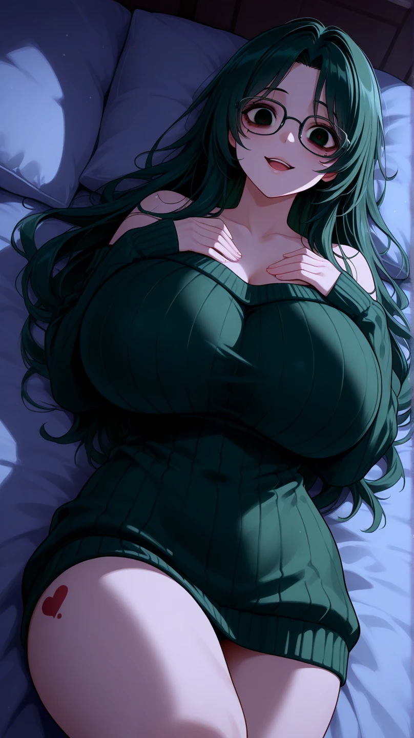 A green haired woman with violet eyes and an hourglass figure in cute pajamas is sleeping on a bed