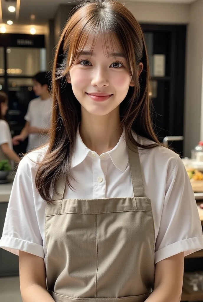 20 years old girl (Japanese cute face) is wearing mini skirt and white apron and working at the cafe with sunflowers