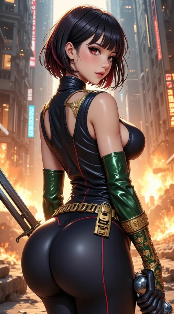  (masterpiece,  computer, mejor quality,  Clear focus, shadow, anime style, Ultra-High Resolution, 8K, perfect anatomy, rostro perfecto, (detailed face), (  Detailed eye  ), score_9, score_8_up, score_7_up, score_6_up, score_5_up, score_4_up,  source _animated, Label 1, Label2, quality_masterpiece, anatomically correct, beautiful face, rostro perfecto, Beautiful and highly detailed face and eyes, Attractive face, detailed face, delicate facial features, detailed leather, Huge Breasts, breast size cup D or DD, wide hips, gigantic butt, thick thighs. Anime-style illustration of a beautiful woman with an elegant and sensual look of a futuristic cyberpunk-style warrior with a heroic and sensual aesthetic, standing in a powerful and challenging pose. She has short hair, , smooth and dark, with reddish reflections and a pointed fringe.  Her expression is confident , with a challenging look at the spectator. She wears a tight and shiny suit of dark colors, with red and gold details, , revealing parts of her back decorated with golden chains and details of biomechanical armor. He wears a metallic green glove on his left arm with gold engravings of flowers and a shiny sword with metallic reflections his left hand. In his right hand he holds an advanced technology weapon with blue light on the top. Background of a ruined futuristic city with orange and yellow explosions and flashes that dramatically illuminate the scene. The atmosphere transmits action, rebellion and feminine power in an environment of science fiction and epic fantasy.