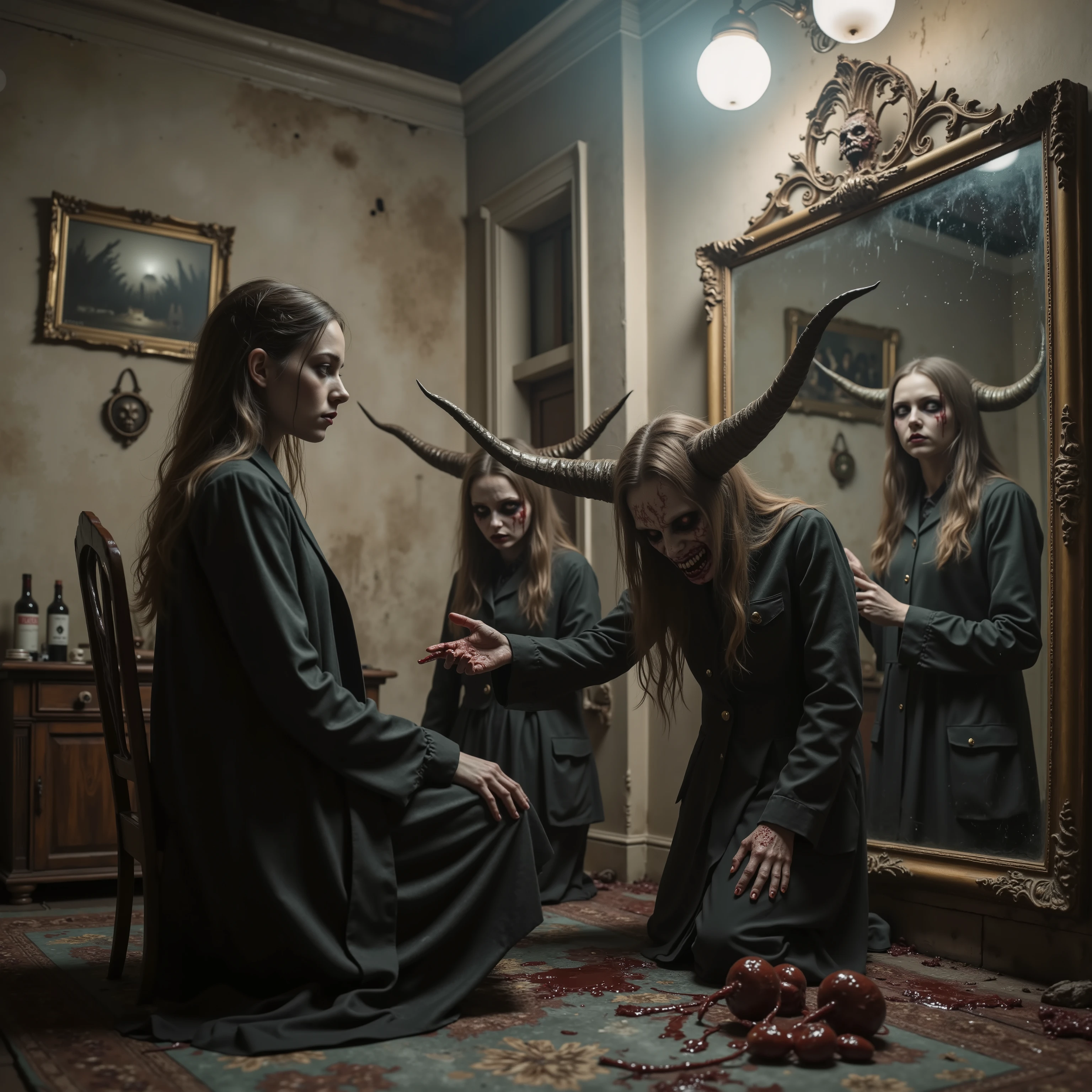 Horror, surreal art, darkside art, Unsettling,splatter, made of blood and gore, novuschroma, A beautiful young woman stands in front of a large antique mirror and sees a hideous demon looking back at her. As the demons come through the mirror, the room changes shape and color. Iconic style, Ultra-realistic, photo-realistic, ultra-detailed, insane 3D realism, cinematic photography, cinematic lighting, cinematic portrait, portrait photography, cinematography, cinematic, full focus, UHDR, best quality, 4k,8k, highres, 4D mandelbulb, stunning images, awe-inspiringly, surrealism, etheral, strange station, creepy creepstyle, wired weirdcore, spooky, horrific, somber, darkside art, gothic, macabre, melancholic, dark fantasy, scary, haunting, masterpiece