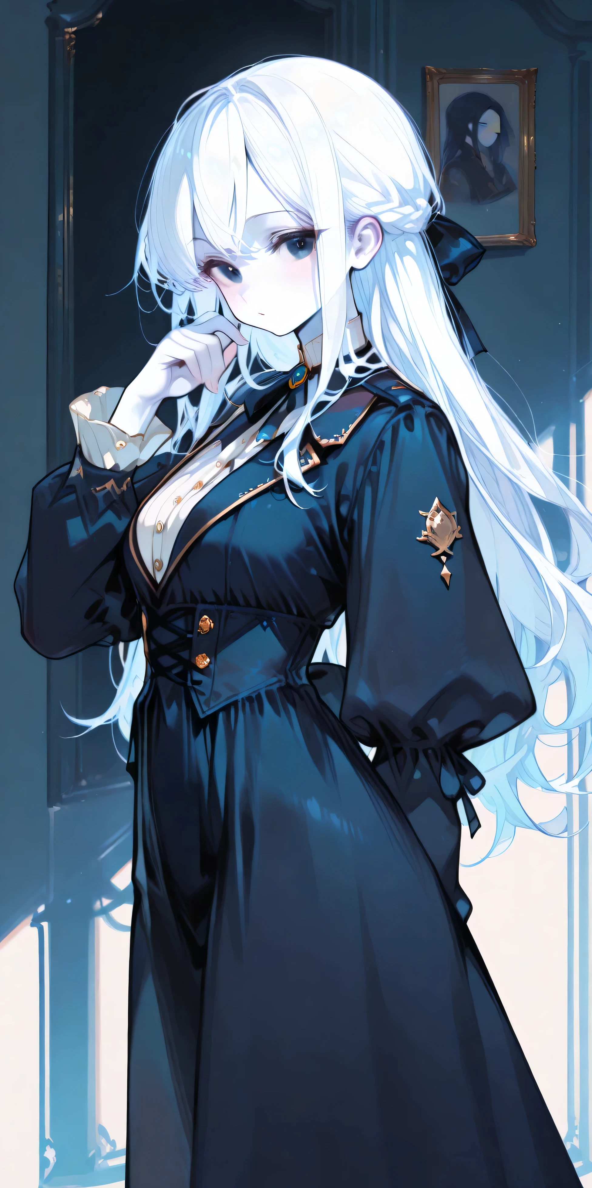 Anime girl has long white hair, dark blue eyes and white skin and wears a Victorian costume 