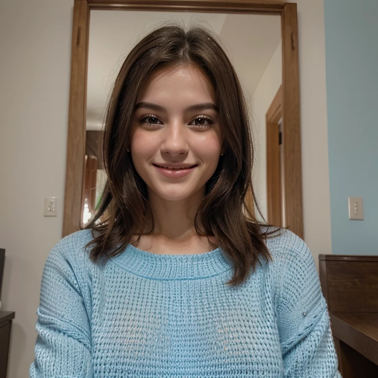 ((Best Quality)), ((Masterpiece)), (detailed), Perfect face, blue fur, pretty eyes, 40k, Photo, seductive pose, ultradetailedes Gesicht, detailede Augen, wearing a cute white t-shirt with no logo, 27 years old