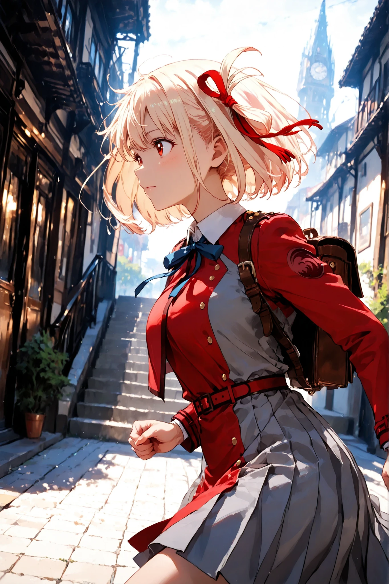 Masterpiece,Best Quality, 8K Resolution, detailed reflecting eyes by professional digital painting, chiaroscuro,beautiful pretty cute small face, 1girl, nishikigi chisato, lycoris recoil,short hair, bangs, blonde hair, red eyes,hair ribbon, one side up, bob cut, perfect body, shirt, long sleeves, dress, ribbon, white shirt, collared shirt, belt, neck ribbon, red dress, blue ribbon, pleated dress, grey dress, two-tone dress, red belt, lycoris uniform, backpack, running,building, stairs,from side,dutch angle,action pose,