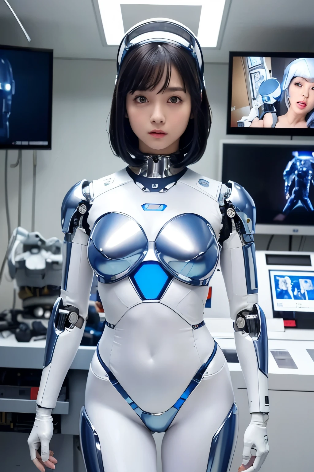 Japanese female android,Black Hair,Floating, suspended from the ceiling by ropes,Plump,Slightly thicker,Squat,White robot suit,There is a control panel on the chest.,Robotic arms and legs,A room filled with machines,