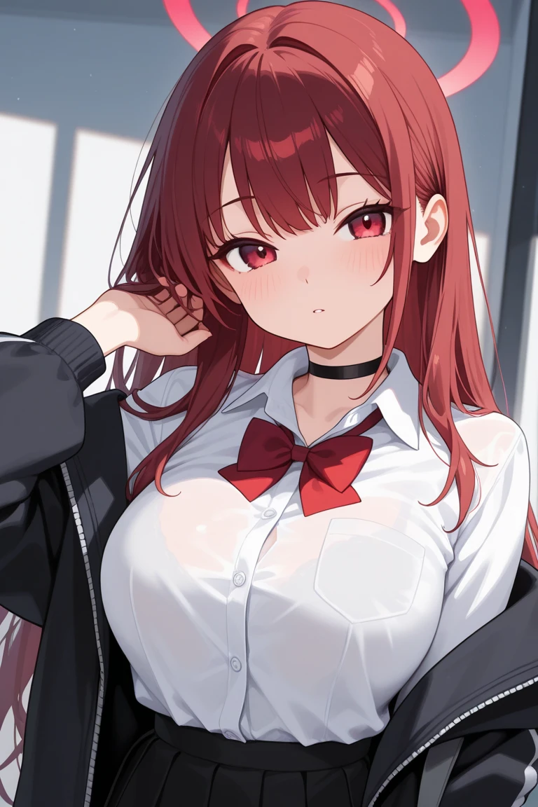 girl, looking into camera, standing, (bra), hands behind back, smiling, in school, redhead, red eyes, perfect body, schoolgirl black skirt, realistic lighting, realistic camera angle, detailed