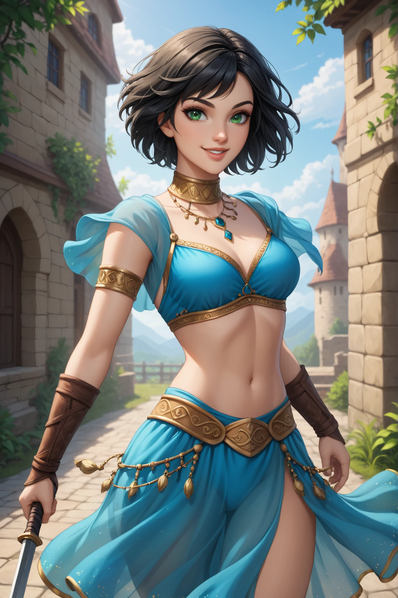 1girl, vibrant green eyes, black hair, short hair, very short hair, adult woman, lips, medium sized chest, assassin, revealing dark blue dancer assassin outfit, sexy body, smiling, medieval, RPG fantasy