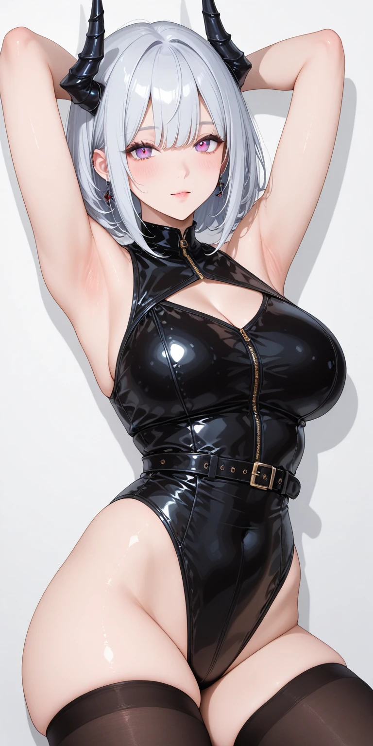Figure, Witch, sexy pose, big breasts, curvy, smile, white bob haircut, lace lingerie