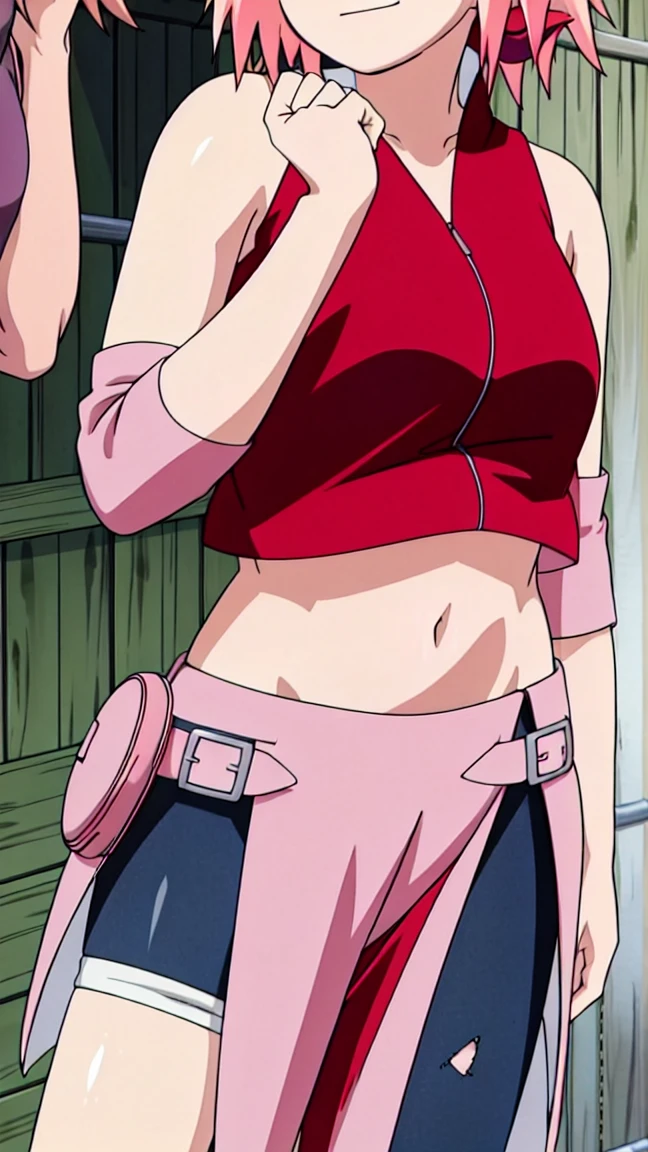 Sakura Haruno lifting her shirt arms up showing visible bra and sexy belly small breast.