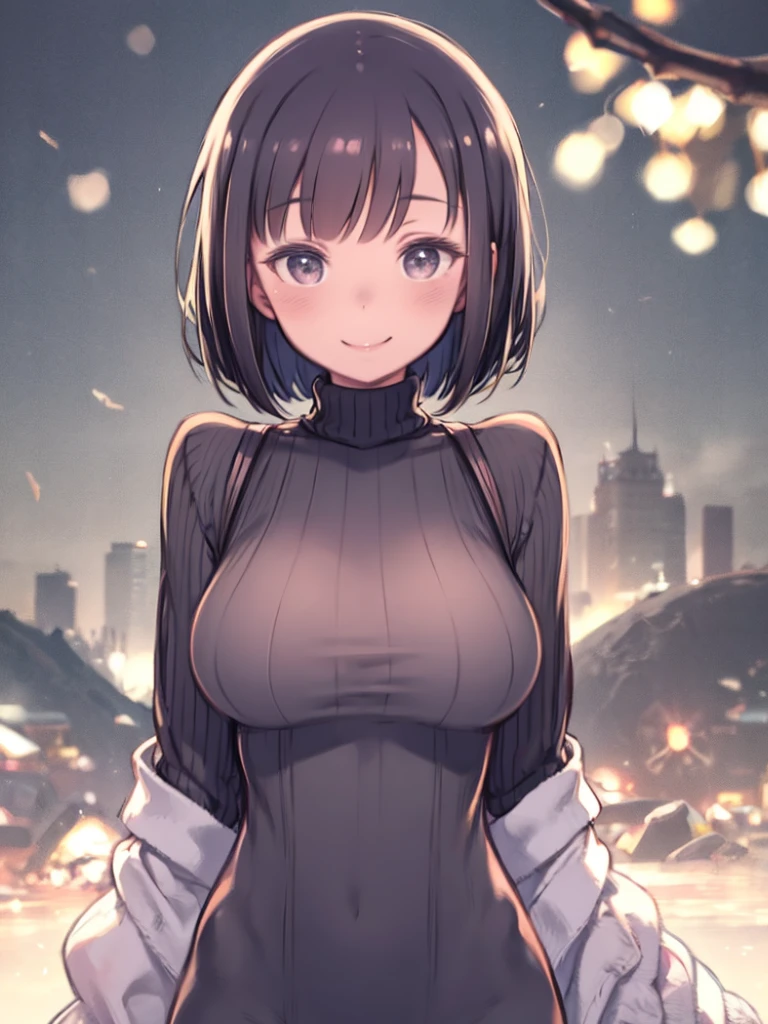 A slender black-haired short-haired girl in a shopping district, giving a thumbs up and winking, showing her teeth.、Japan anime style