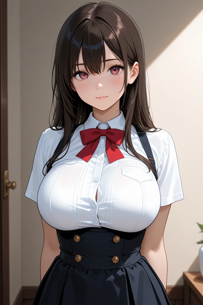 (((Adult female:1.3))),(((Change clothes in the changing room:1.3))),(((clothes on hangers:1.3))),(((Sailor suit))),(((Pleated skirt revealing skin))),(Dark red bow tie:1.3),Cute face,Extreme close up of face,Shiny light brown and orange striped short hair,Messy ponytail,Cute Smile,Perfect round face,iris,(hairpin、ponytail、Floating Hair、),Large Breasts.Professional Lighting,Cinematic Light,(Tabletop,highest quality,Ultra-high resolution output images,) ,(8K quality,),(Ocean Art 2.0 Mode:1.3),(Picture Mode Ultra HD,)