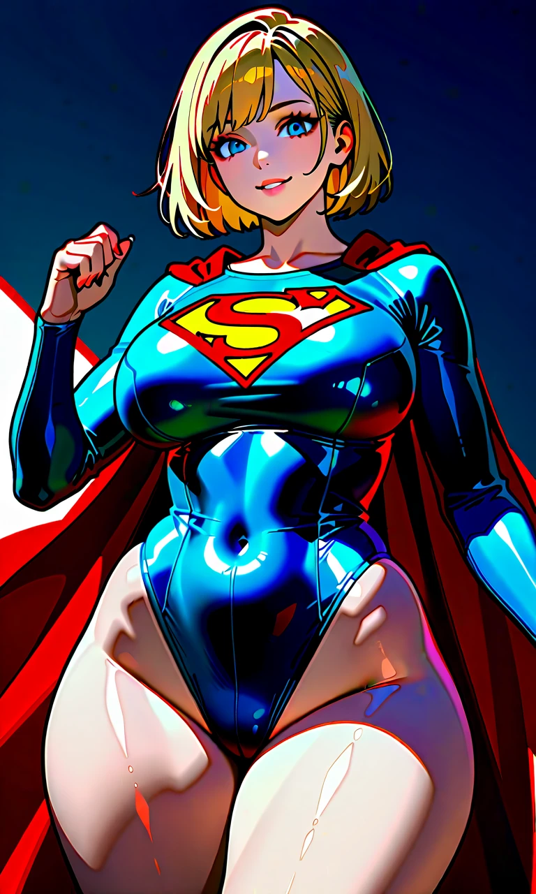 Fighting pose , Fullbody shot , supergirl Wear Blue bodysuit and red Monokini , So huge breasts.