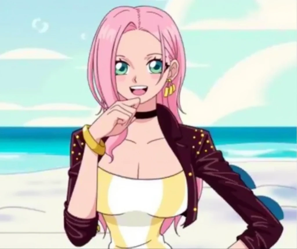 , <lora:big_mom:1>,Mature woman, pink hair, pink hat, bow, colored earrings, bikini, beautiful
