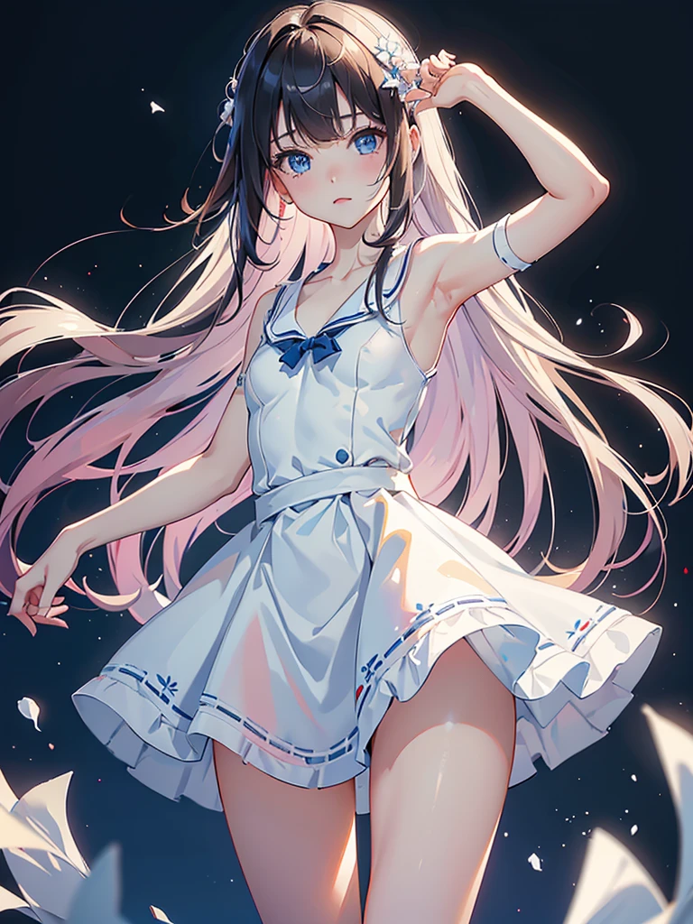 Hair stripes pink summer room wearing gray hair all over small armpits show little girl future thighs cute child body type masterpiece plainclothes anime，Blush，Breasts develop well，The genitals are lovely，， without clothes