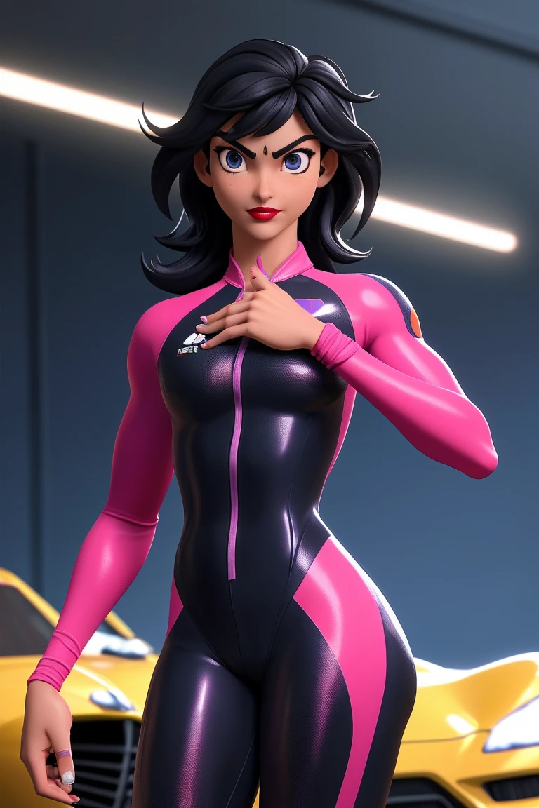 concepto de dominatriz violeta, imagen de retrato Unreal Engine 5 8K UHD de hermosa hembra, full violet latex, pelo liso con flequillo romo, violet tight latex, ponytail, futuristic design, hermoso maquillaje, mejor calidad, Obra maestra, pechos grandes, from below, legs open, tshirt transparent, eyes blue, traje muy ajustado, ajustado, mini skirt, eyes blue, 8k, 4k, fondo de arboles de cerezo, flor de cerezo, cameltoe, dia soleado, psina en el fondo, background pool, dia caluroso, sudando