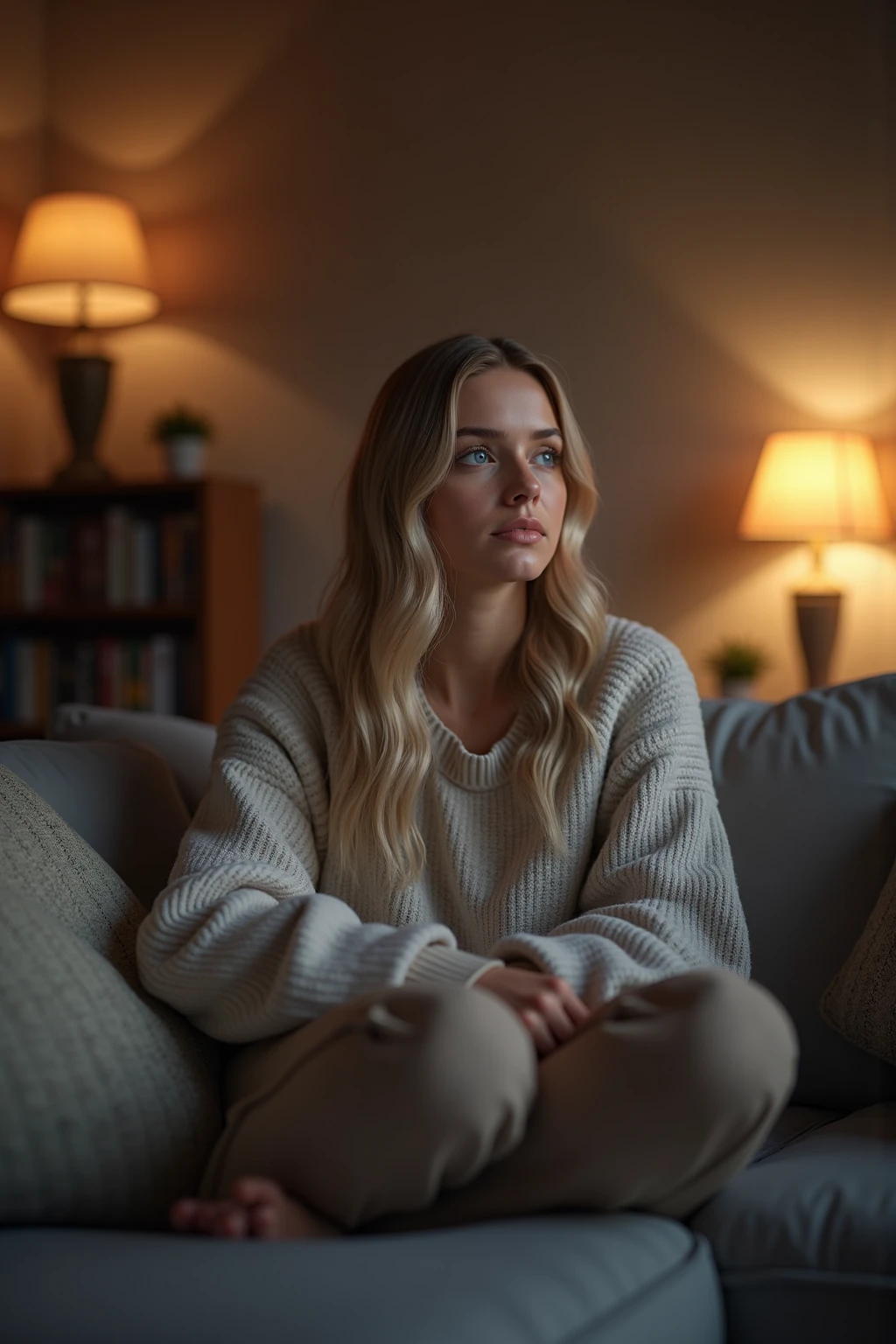 A 19 year old blonde girl sitting in her armchair at home watching realistic TV 