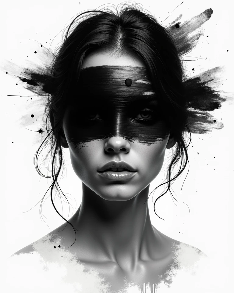 Make a woman with a white mask over her face with a black mouth and neutral emotion, long hair wearing a black dress