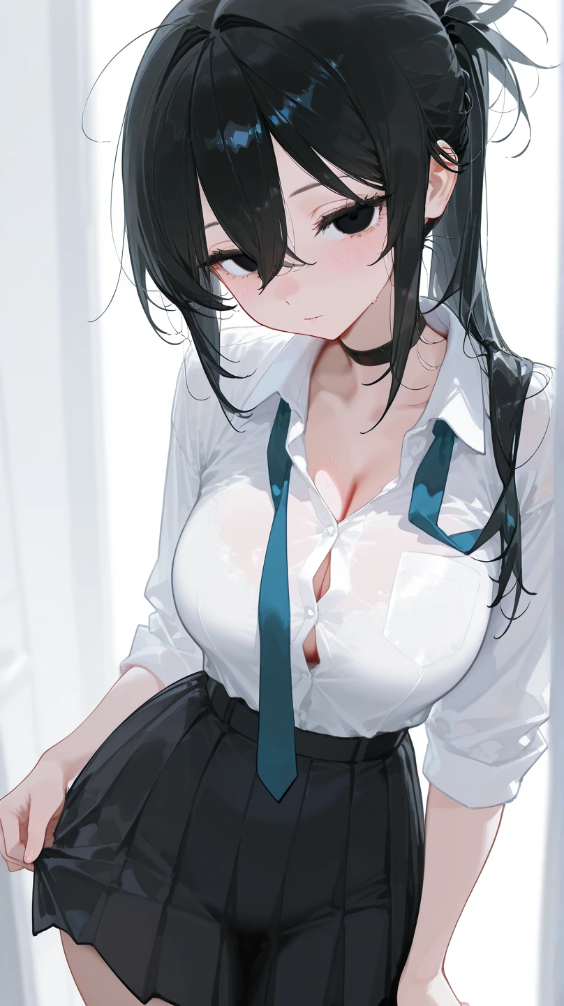 (full figure:1.1), (1 girl as junkotvv:1.5), highres, solo, big breasts, waist long black hair, (twintails:0.5), (pleated miniskirt:1.2), (black thighhigh socks:1.2), (loose red ribbon:1.2), (flipping skirt:1.5), (unbuttoned white shirt:1.4), (ahegao:1.5), green eyes, (rolling eyes:1.5), (torn clothes:1.5), (naked breasts:1.5), spread legs, no panties, cat ears