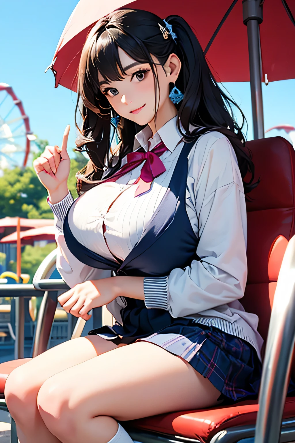20th generation women, 4 girls aid costumes)), micro bikini, sailor collar, plaid mini skirt, petticoat, thin pantyhose, amusement park, smile, dancing, huge breasts, cute hairstyle,sexual expression、perfect body、huge breasts、emphasize cleavage
