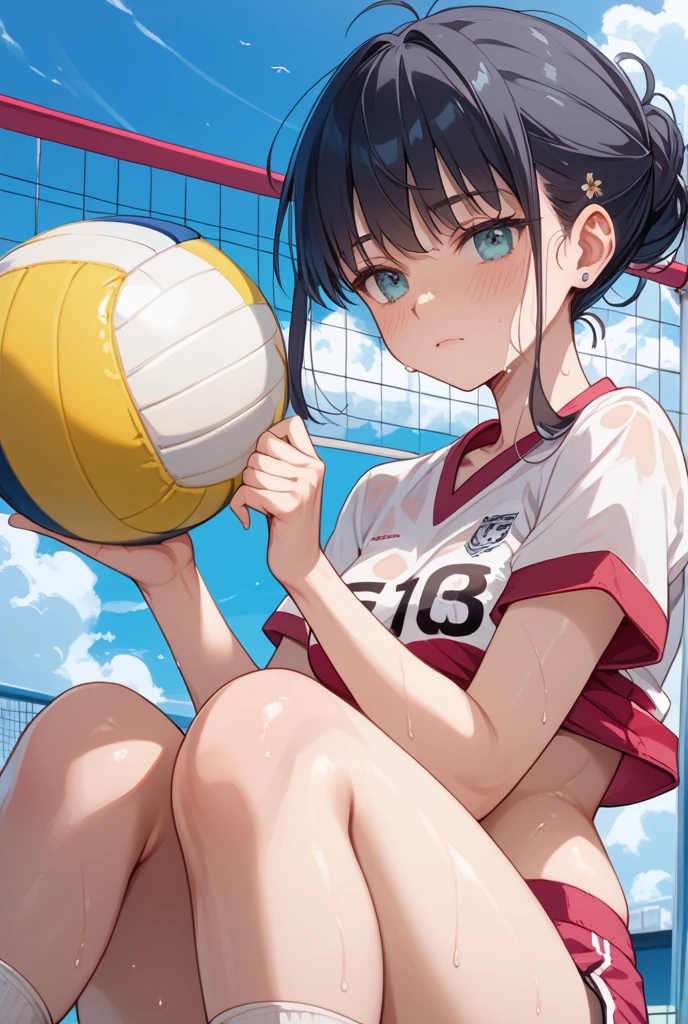 pieces fly、masterpiece、highest quality、Super detailed、High resolution、High resolution、8K portrait、Unity 8k壁紙のHigh resolutionCG、unity 8k wallpaper、cute type little:1.5、:1.5、Highly detailed CG unity 8k wallpaper、realistic、real person、cute type little、 portrait photography、shiny skin、High resolution、((cute:1.5))、(10 years old:1.5)、(1 girl)、beautiful clear eyes、very detailed explanation、delicate face、nice lips、slender body、(small breasts:1.6)、thin legs、1 girl, cute type, perfect face, seriously, (blush:1.5),((there are many people nearby:1.4)),(volleyball court:1.3)、(vagina,vaginaを表示,spread legs,spread ,((vagina内で絶頂:1.5)) ,(Volleyball Sleeveless Uniform)、bob hair、()
