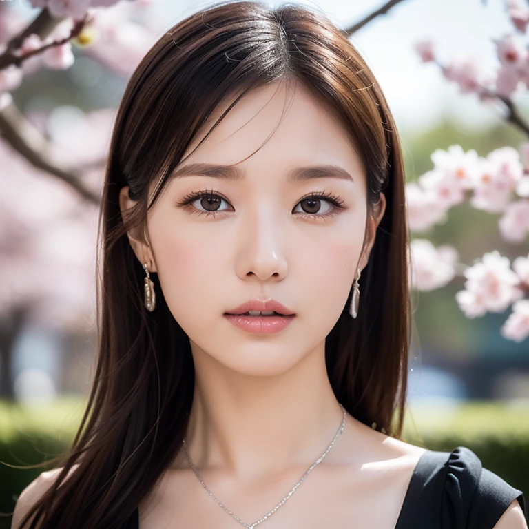 Gentle and beautiful topless woman, half body photo, delicate and sexy collarbone, charming oval face, double eyelids, smart peach blossom eyes, pink lips, small nose, bare shoulders, focused face, face close-up, ultra-high-definition, super Details, elegant standing, black British college style double-breasted casual loose Korean style small suit jacket, matched with black pleated skirt suit