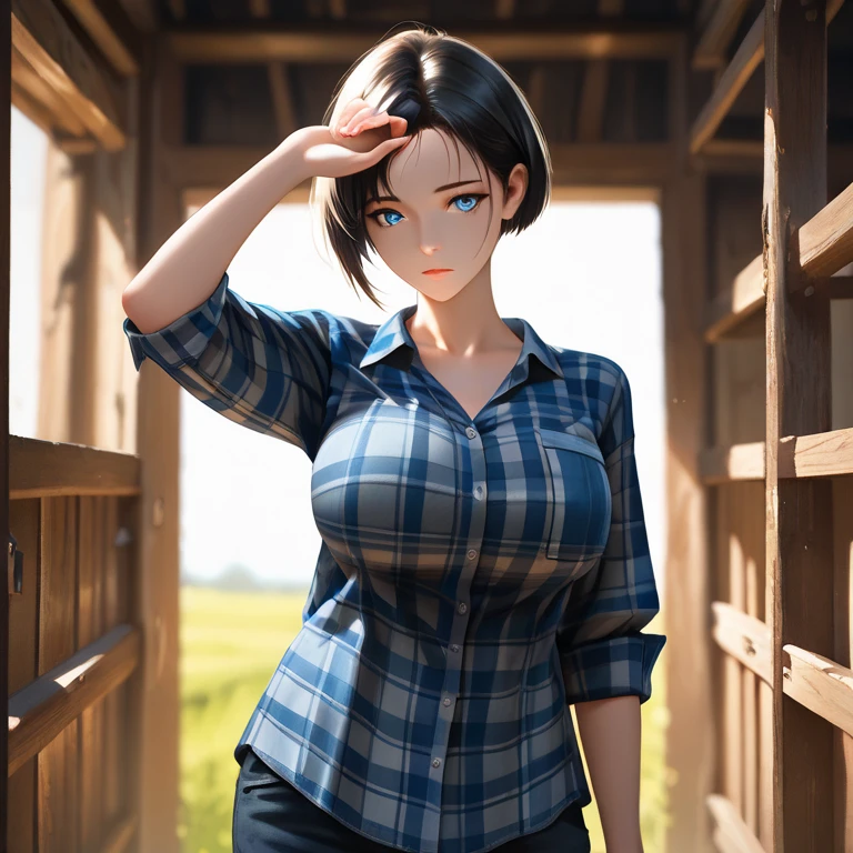 (((((Alone))))),(((((masterpiece))))), (((((Best Quality))))),(((((Very detailed))))), finely detailed, depth of field, sharp detail, detailed clothing, High resolution,
1 girl, hits, (beautiful detailed face:1.3), clavicle, collar shirt, ((White shirt)), half open shirt, unbuttoned buttons, not good, several buttons open to show neckline, show belly, blue eyes, by rubio, neckline, ((Cowboy)), (Cowboy has:1.3), short gloves. Gloves without fingers, has, medium breasts, belly button, handkerchief, red handkerchief, short hair, Short shorts, Low Rise Daisy Dukes, Healthy thighs, gun belt ,Cowboy western, sunny desert background, thigh gap
