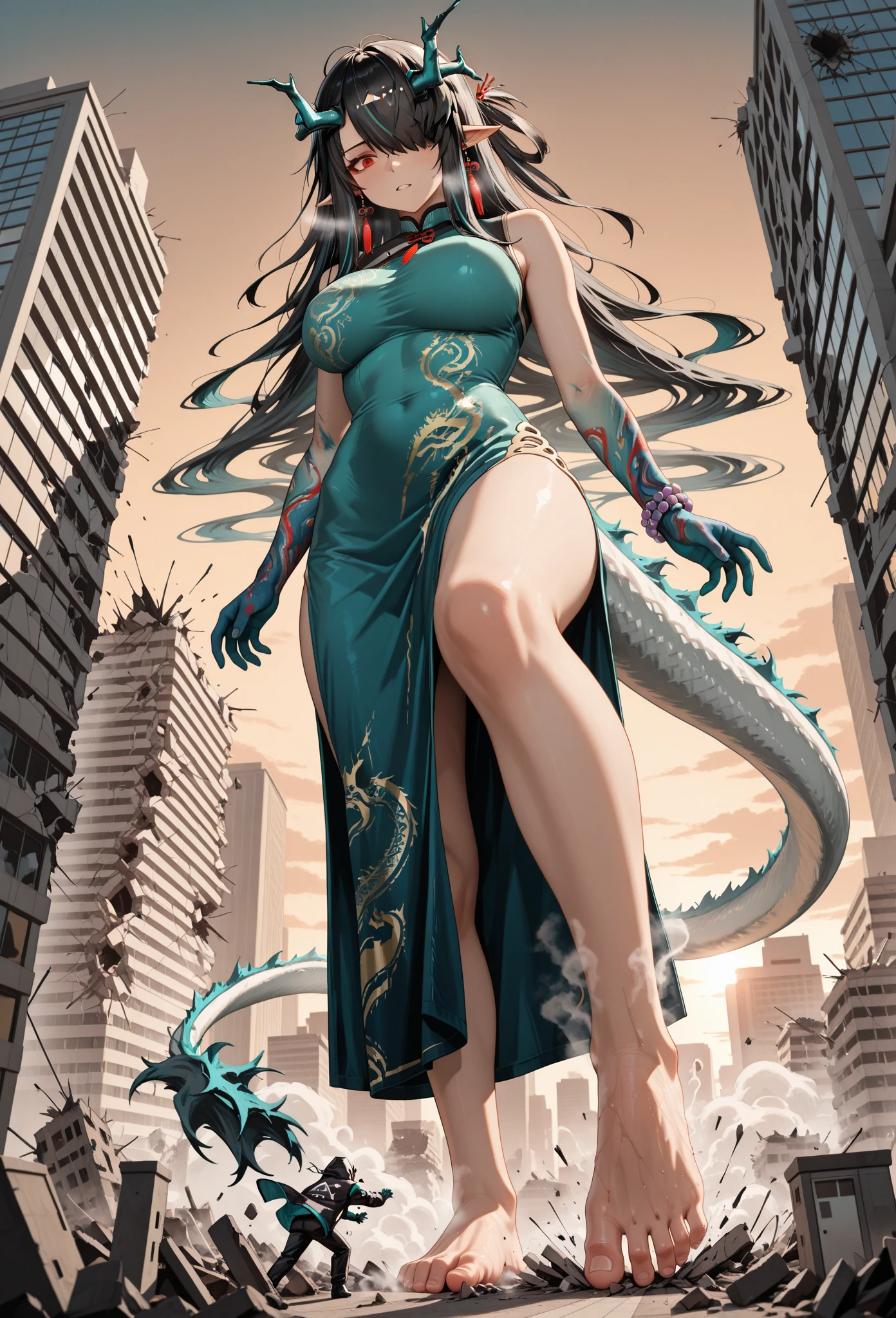 45-year-old Asian woman with curvaceous body hyper-realistic ultra-realistic in sensual position long hair black smile naughty look tender look Roman sandals walking galactic costume on the moon and with the sun on her back with red-green dragon tattoos all over her body