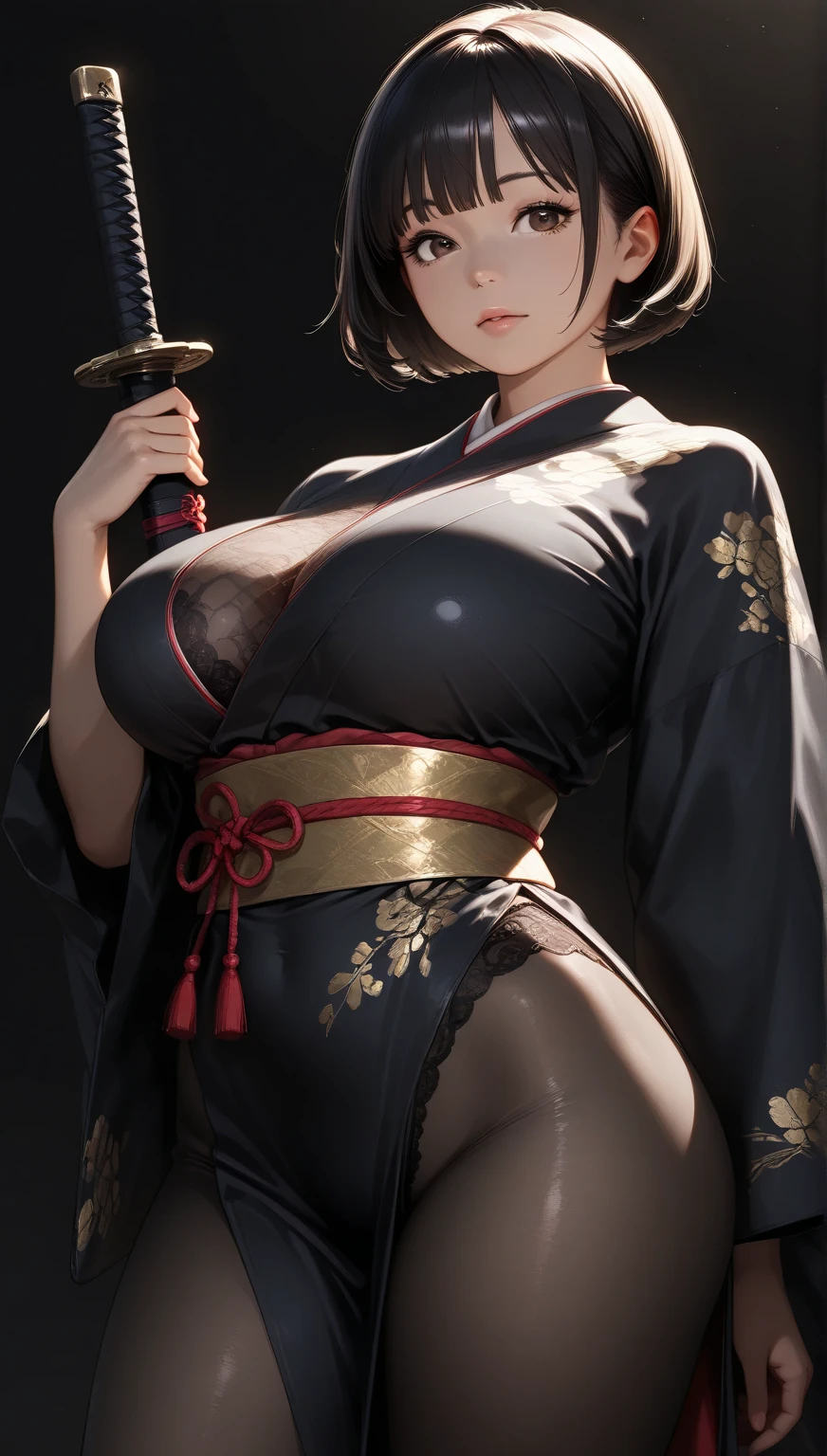 masutepiece, Best Quality、Realistic, ( Intricate details, depth of fields)、Hyper-Realism, 8K, Best Quality, Super Detail, retinas, ighly detailed, Perfect face, Perfect body, Huge breasts, Constriction, Very big ass, Glamour, indirect lighting, hair wavy、Shorthair、prety woman,A dark-haired、goddess of Japan、 the perfect appearance, Smile, Lolita, Oily skin、shinny skin、natural soft light, Anatomically correct（(Full Body including thighs))a picture、Skin Texture、mare、traditional Japanese room、Japanese dress((No exposure))、