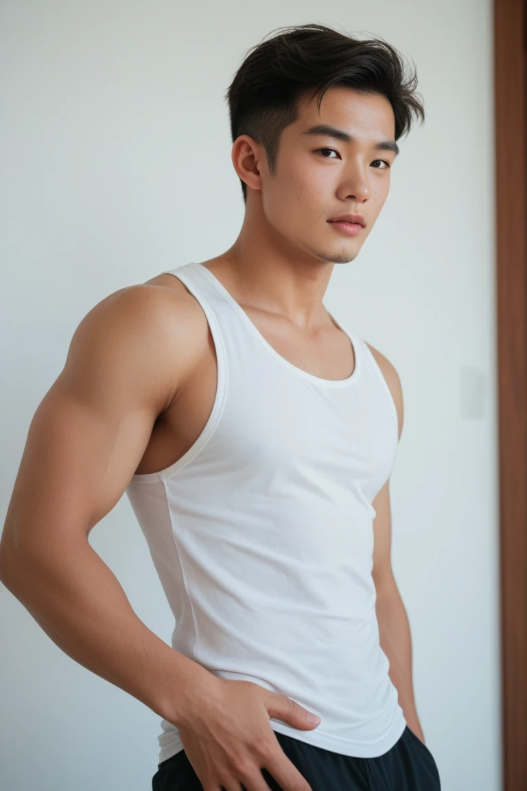 Handsome guy in muscular white underwear bronzed skin,low body fat,simple gray background,Asian faces,Oblique bangs,face square