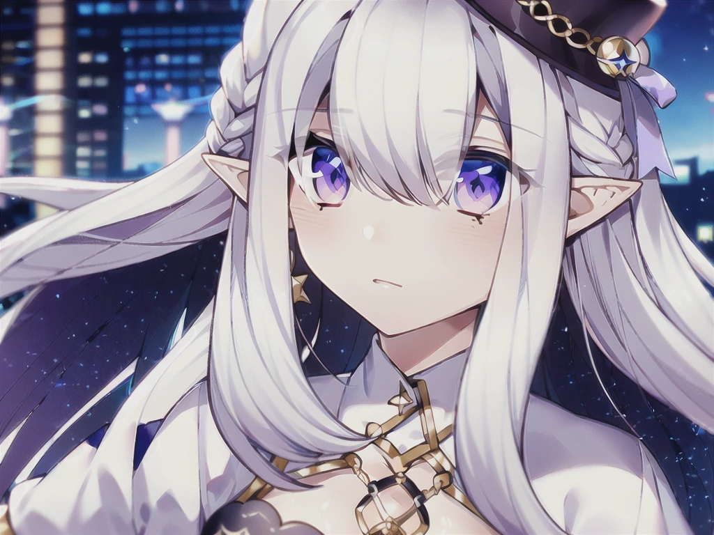 1girl,highres, high quality, masterpiece, purple eyes,tiny hat, long hair, white hair,dynamic angle,delicate eyes, (depth of field),dynamic pose, dynamic light, purple flowers, clock ,star \(sky\),pointy ears, floating hair,
