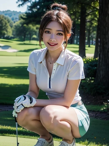 ((best quality、8K))、(realistic photo), beautiful japanese girl、glamorous erotic golfer、big breasts、Full body shot、Mid summer、Pale pastel colors,polo shirt with wide open chest、Full view of、cleavage、No bra、((thin fabric、Super miniskirt in the same color as the polo shirt、Belt of the same color as the skirt))、round butt、tanned skin、Composition with change、Highlight thighs and legs、excited face、dark brown hair、(((ponytail、Sun visor)）、((socks))、Golf Shoes、oval face、square jaw、clear brown eyes、thick parted lips、Photographed on the golf course、
