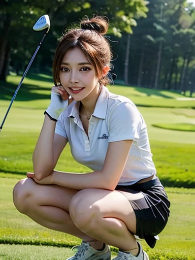 (((Masterpiece,highest quality,Highest quality,8k))),((Ultra-high resolution,Extremely detailed)),(Draw in detail),Hyper Quality,Beautiful Japanese woman in golf wear, Female college student,Gal,detailed bodyline,Golf course,Professional Golfer,Golf club,Beauty,sexy,glamorous,tall,Light brown hair,ponytail,Large Breasts,G-Cup,Big Ass,Sun visor,Sleeveless Polo Shirt(Wearing clothes next to the skin),mini skirt,Knee-high socks,squat,Get down on one knee,Live Action, Skirt flip, (A woman looking at the putting line on the green)