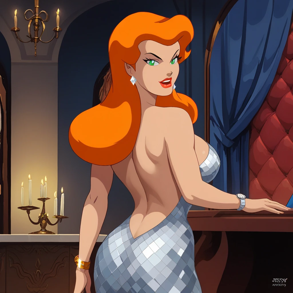 Masterpiece by MmyLnglgs, best qualityer, breasts big, greeneyes, blue pearl necklace, pink dress, red lipgloss stick
