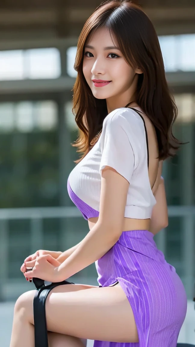 Female ((30year old)), hair ((long, wavy, brown)), half-opened transparent minimalist clothes ((Polyester, tight short hotpants, off-shoulders, purple, light purple)), accessories ((hairband)), gigantic breast, oppai, seductive smile, smiling, indoor , night club, night ambience atmosphere