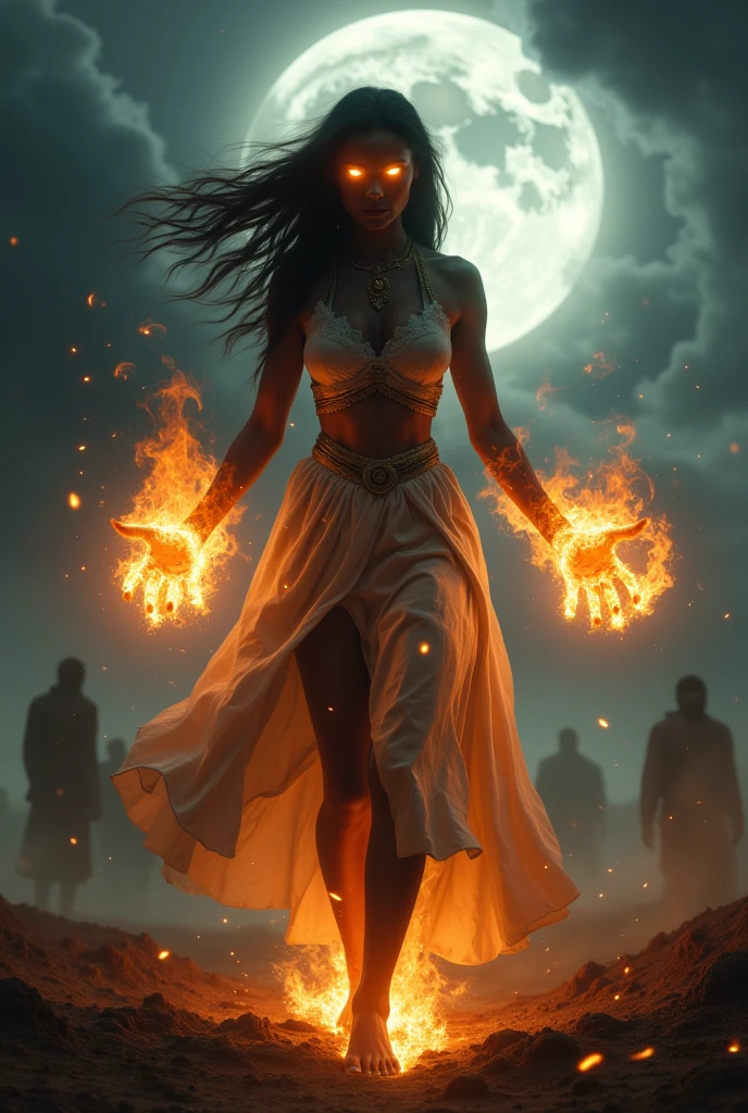 woman, black hair up, big bust, black dress covered in fire, standing in grass, arms open, at night, full moon in the background, looking at the camera, photorealistic