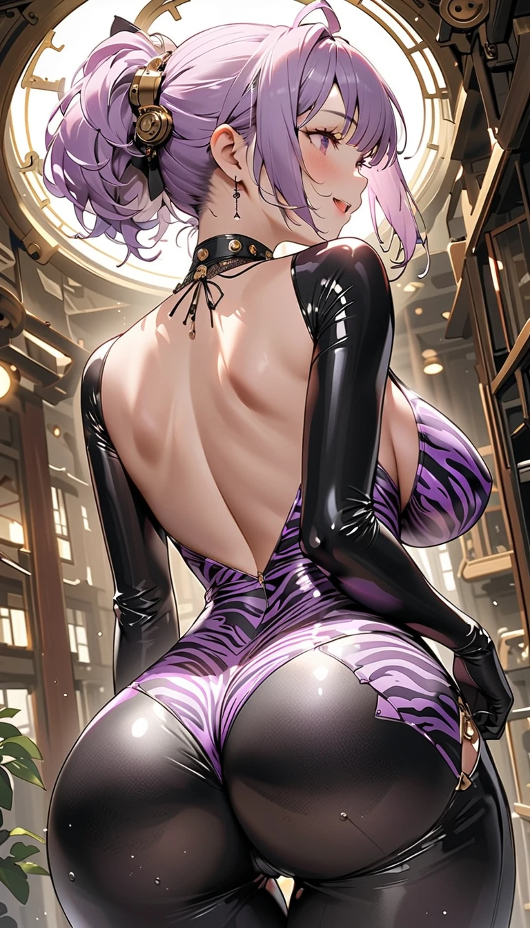 ((((masterpiece, best quality, high resolution)))), (1girl:1.5), white hair, short wavy hair, bob cut, purple eyes, (large breasts: 1.2), blushing, light smile, parted lips, glow, thighs, bare shoulders, collarbone, narrow waist, cleavage, (beautiful detailed face, beautiful detailed eyes), long slender thighs, perfect eyes, looking at the viewer, seductive looks, seductive pose, cowboy shot, (latex bikesuit, full-length zipper, open clothes, open chest)