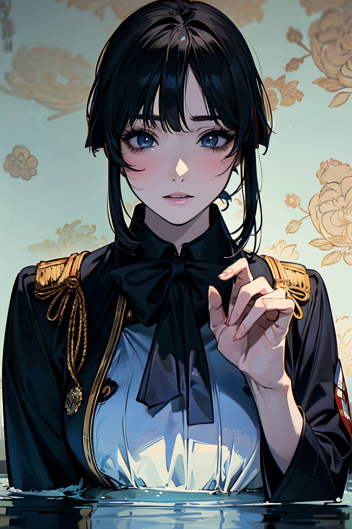 (masterpiece:1.5),beautiful hair,beautiful eyes on my stomach,beautiful lips,Beautiful slender body,Big Breasts,cleavage,(Konno Anna:1.4),(random expression:1.1),(Okagawa:1.4),bust illustration from the front ,((((a beautiful woman in the world:1.5)))),((((Collared military uniform、Taisho Romance:1.2)))),((19-year-old single woman holding a fish in her hand:1.1)),(accurately depicted anatomically correct hands:1.1)black hair,long eyelashes on their left hand,Three-dimensional, jewel-like eyes,Very delicate and beautiful CG,2. 5D illustration, Anatomically Accurate Bodies, (very precise illustration:1.3),(A river flowing through water:1.), (wallpaper:1.4),8k