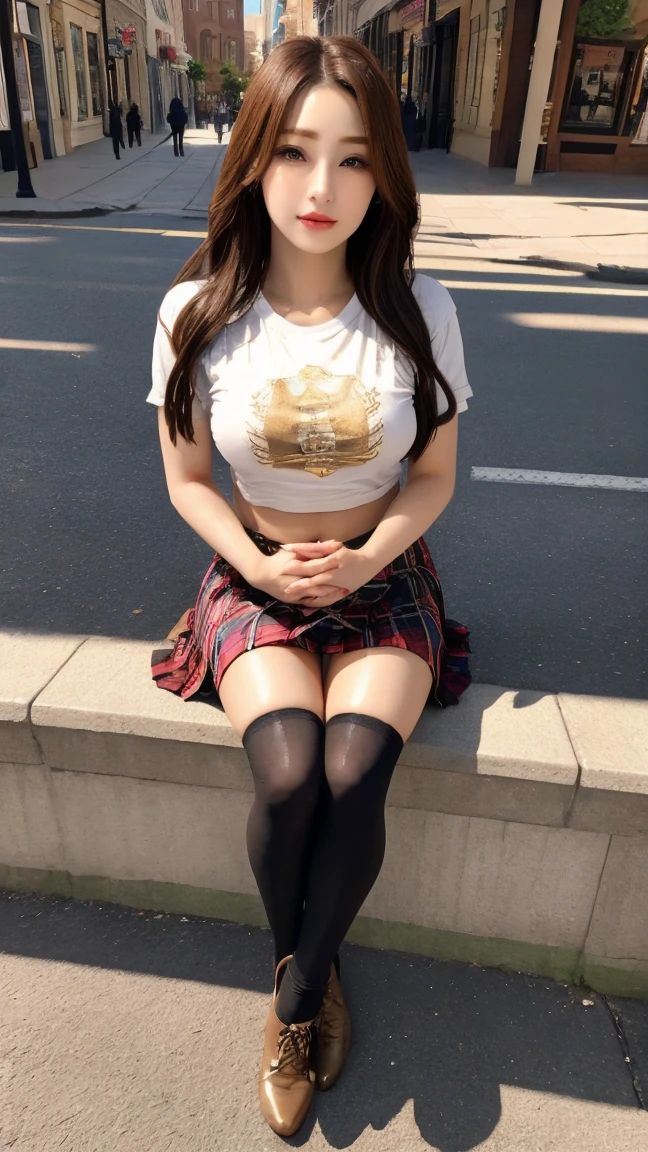Cute happy slim hot tenager girl with small chest on wheelchair with long brunette hair, skirt