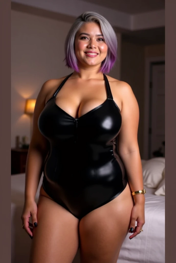 MILF, BBW, photo vintage, perfect female face, erotick, rousse, tache de rousseur, 1969, Tout de suite,  PURPLE-GOLD , aroused, mode, TRES GROS seins gigantesques,  mineur, long cleavage, huge tits, 40HH, vue de face, purple latex, mode, purple background, light smile