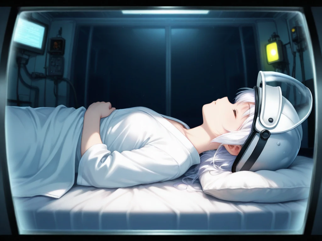 (masterpiece, high quality,shiny skin:1.4) ,vivid color, high contrast,1 boy, short hair,black hair, green eyes,BREAK life support machine,lying on hospital bed,lying, hospital gown,bandages,monitor,thermometer,blanket,cable,on bed, unconscious, sleeping at hospital bed