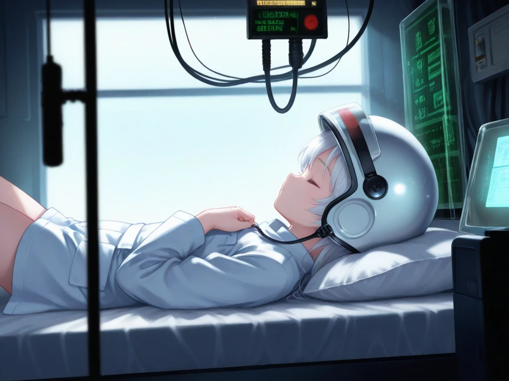 1girll, Solo, cosmic space, Huge planet, earth, kosmos, Astronaut, White hair, , Black eyes, Small bow, Cat ears, electrical wires, conduit,