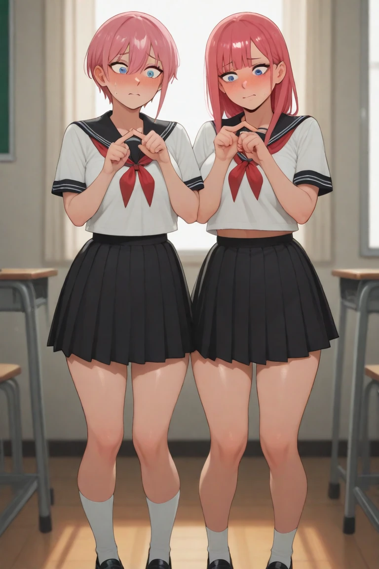 Two schoolgirls with a bottom view lifting their skirts a lot showing their panties