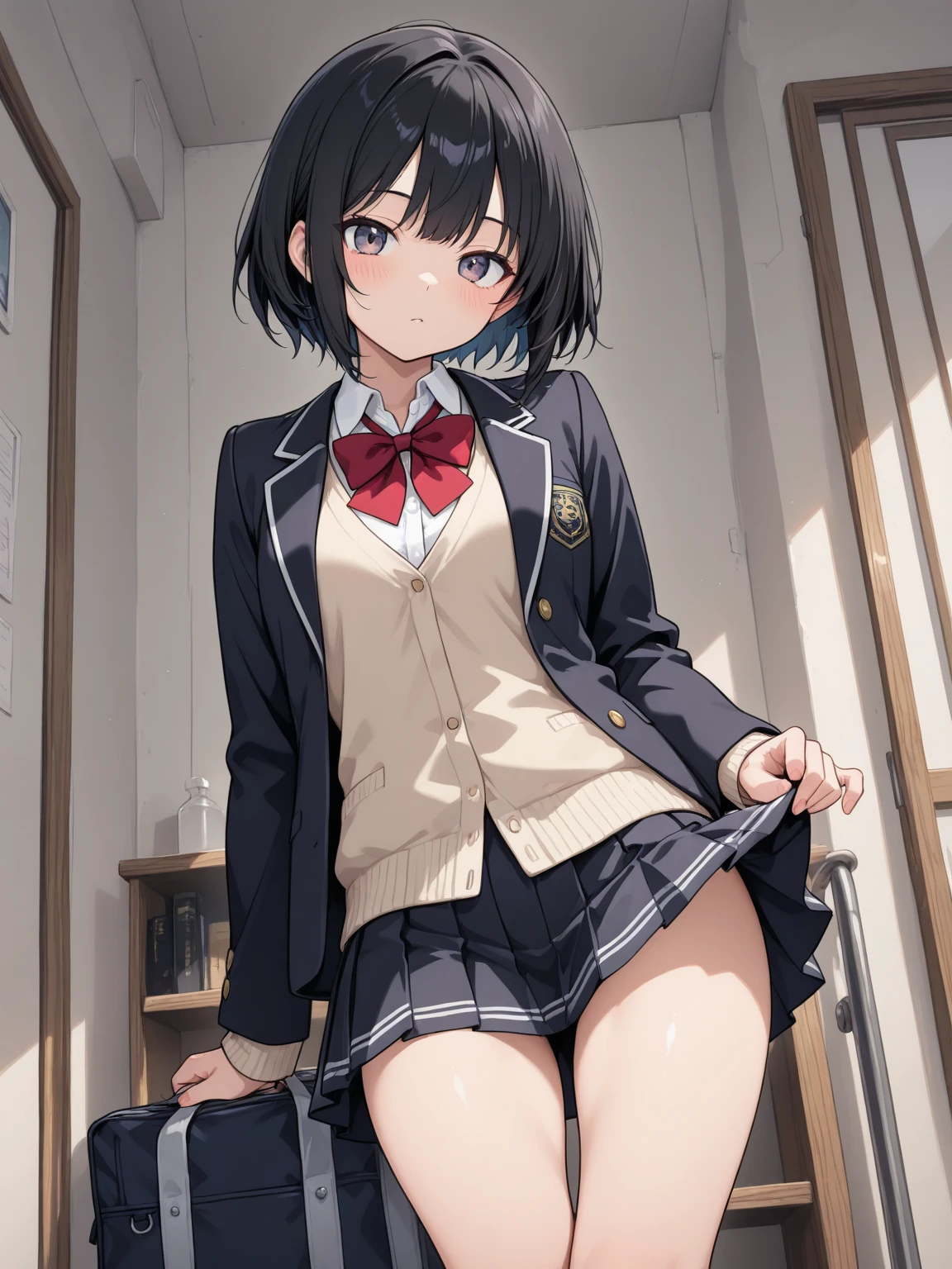 absurderes:1.8, ((From the thigh up:1.5, beautiful clear eyes, from below:1.4,)), ((school uniform, blazer、skirt lift by myself:1.5, showing panties, underwear emphasis))、(1woman), Unity 8K Wallpaper, Masterpiece, detailed hair, highly detailed, ( panties:1.4, school),, (Frustrated:1.4), (blush:1.3)
